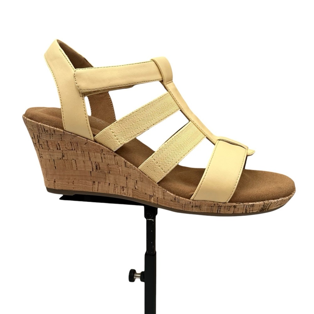 ROCKPORT Womens Blanca Elastic Tbar Wedge Sandal Size 9 Sundress Light Yellow